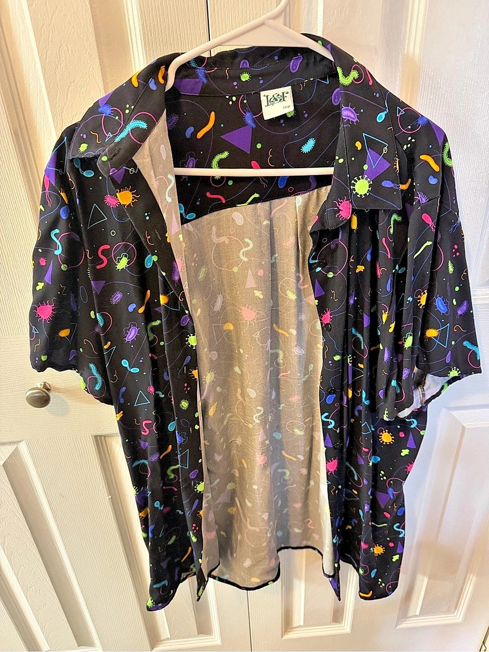 Microbiome Themed Printed Short Sleeve Button Up in Black Size Large